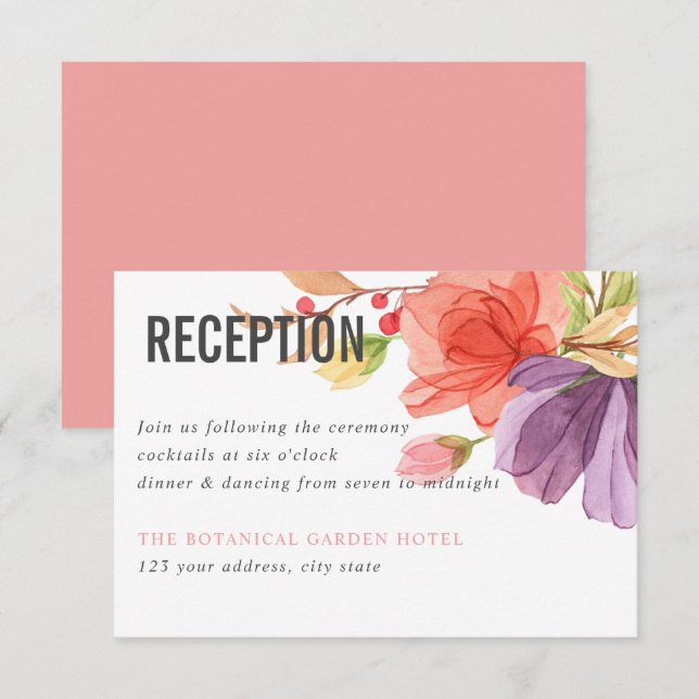 Kühne Aquarellfarben Wildblumen PINK Hochzeit Empf Einladung (Vorne/Hinten)