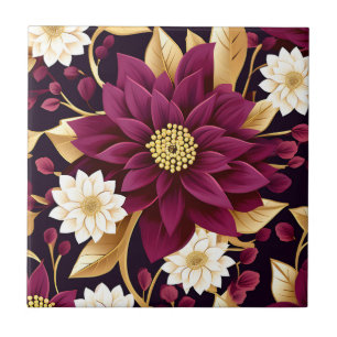 kühne Burgundy-Gold-Blätter und florale Fliese