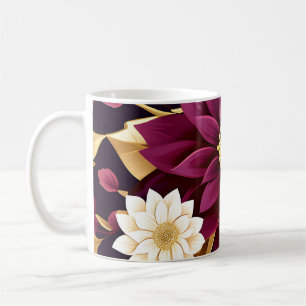 kühne Burgundy-Gold-Blätter und florale Kaffeetasse