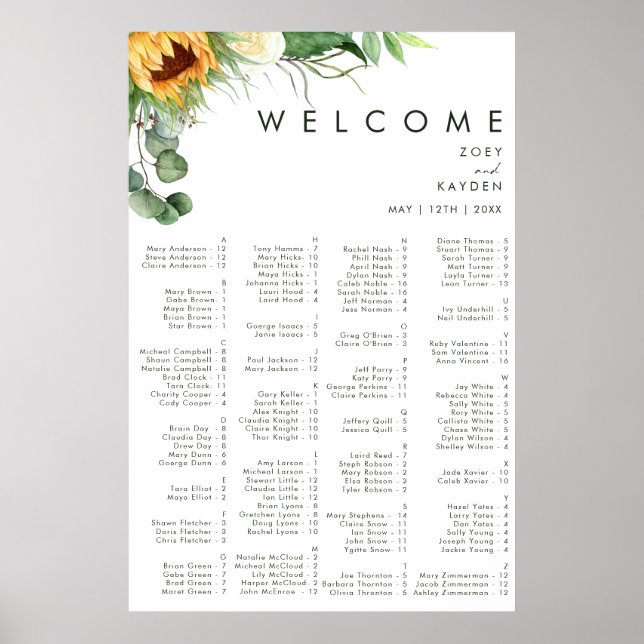 Kühne Country Sunflower | Alphabetische Sitzplätze Poster (Vorne)