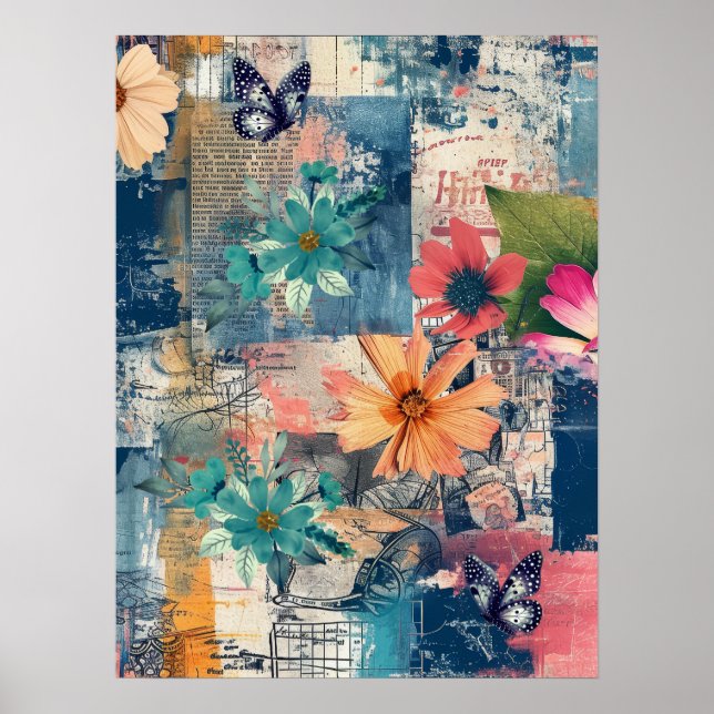 Kühne, farbenfrohe Boho Floral Butterfly Abstrakte Poster (Vorne)