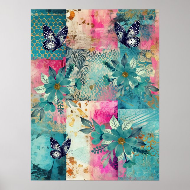 Kühne, farbenfrohe Boho Floral Butterfly Abstrakte Poster (Vorne)