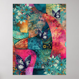 Kühne, farbenfrohe Boho Floral Butterfly Abstrakte Poster