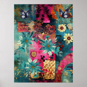 Kühne, farbenfrohe Boho Floral Butterfly Abstrakte Poster