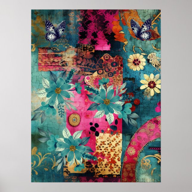 Kühne, farbenfrohe Boho Floral Butterfly Abstrakte Poster (Vorne)