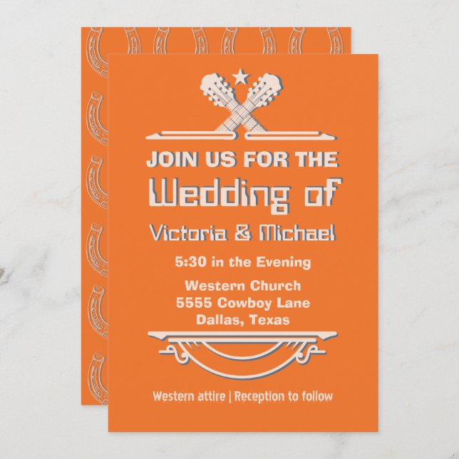 kühne farbenfrohe Cowboy-Western Gitarre Wedding Einladung (Vorne/Hinten)