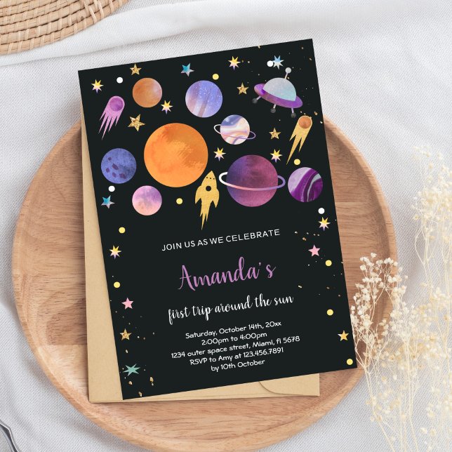 kühne Galaxie Thema für Kinder Einladung (Black Planets Outer Space Birthday Invitations)
