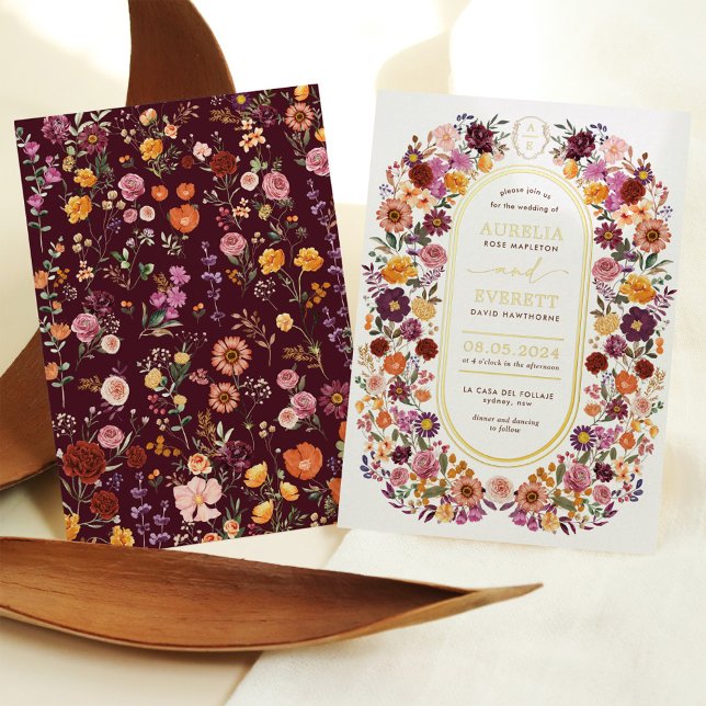 kühne Herbst-Wildblumen Monogram-Wappen Hochzeit Folieneinladung (Von Creator hochgeladen)