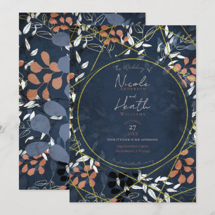Kühne Herbstblumen Terrakotta Blau Gold Hochzeit Einladung