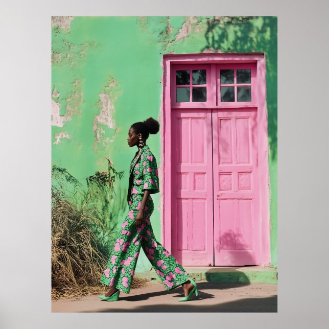 Kühne Mode in einer lebendigen urbanen Landschaft Poster (Vorne)