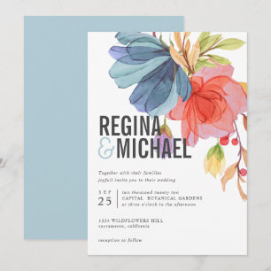 Kühne Moderne Aqua Wildblumen Hochzeit Einladung