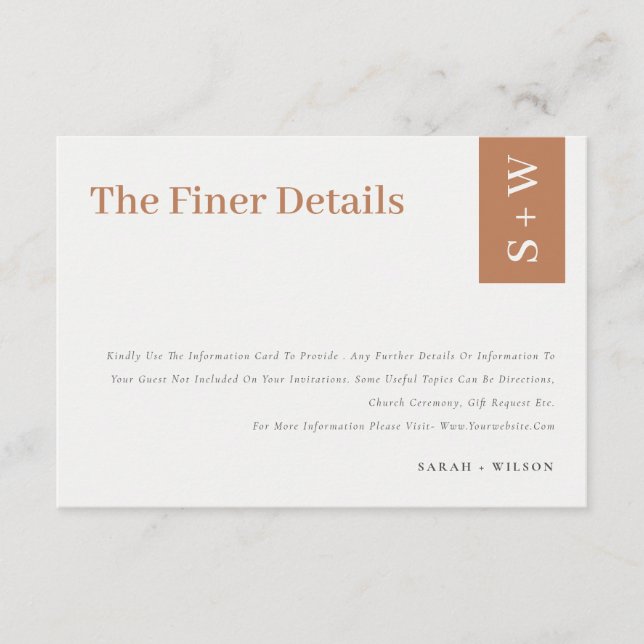 Kühne moderne Burnt Orange Rust Tan Hochzeitdetail Begleitkarte (Vorderseite)