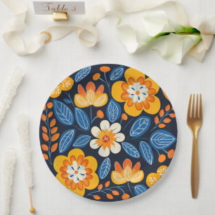Kühne Retro-Blumenillustration in Orange und Blau Pappteller