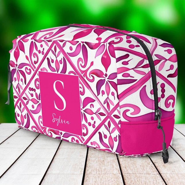 Kühne rosa spanische Talavera Bräunungsgeschenke Waschbeutel (Bold pink Spanish talavera tiles bridesmaid gifts personalized monogram bag Dopp Kit bridal favors)