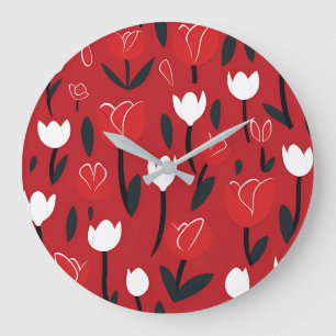 Kühne rote und weiße Tulpen-Frühlingsblumen Große Wanduhr