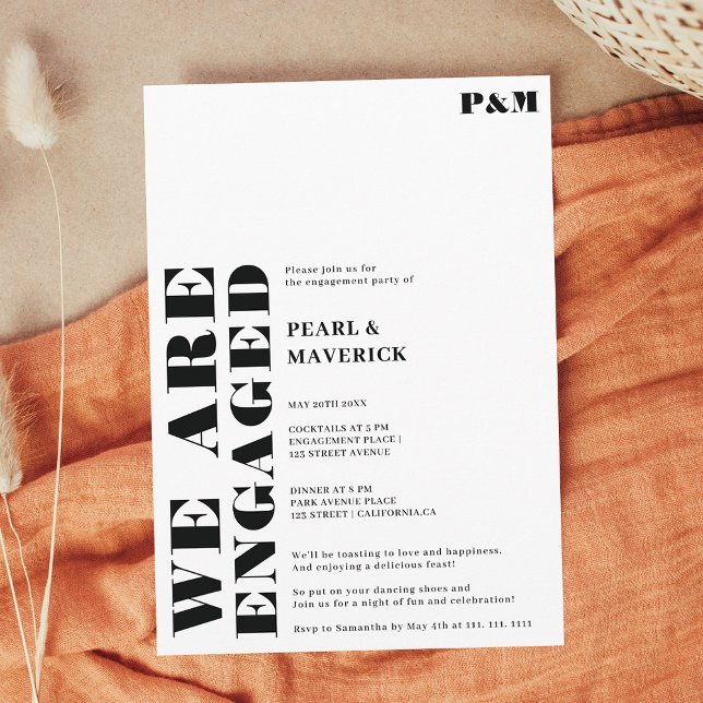 kühne, Schwarz-weiße Hochzeitsfeier Einladung (Bold simple black white wedding engagement party invitation)