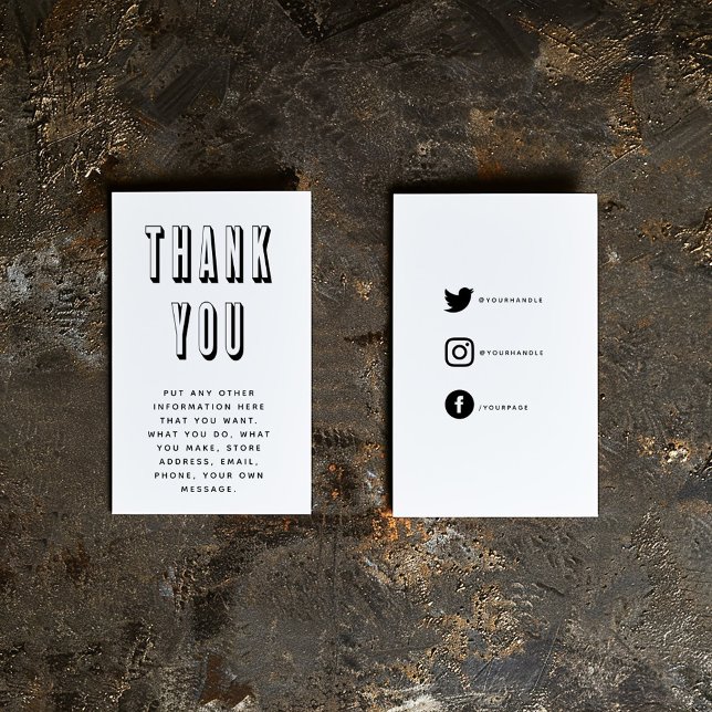 Kühne und lustige Dankeschön Enclosure Card Begleitkarte (Big bold 3D text "Thank you" insert card with black on white social media icons, details and message)