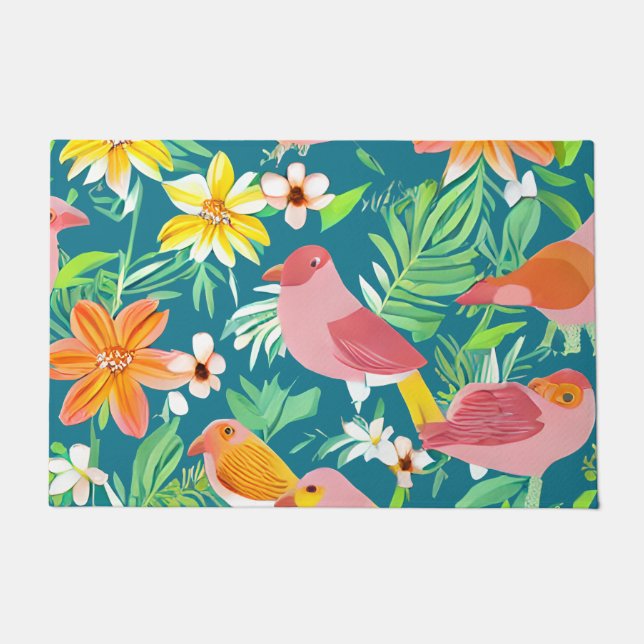 kühne Vögel und Muster der Blume Fußmatte (Vorderseite)