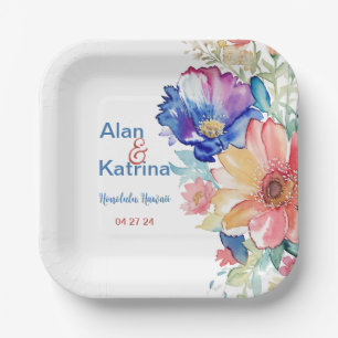 Kühne Wildblumen-Papierplatte Blau Rosa Pfirsich Pappteller