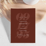 Kühne Zahlen trendy moderne Terrakotta Save The Date<br><div class="desc">Während auf der einen Seite alle Ihre Hochzeitsdetails in eleganter Typografie vor Terrakotta-Hintergrund dargestellt sind,  auf der anderen Seite befindet sich ein Single-Foto. Save the Date ist dies das perfekte Geschenk,  um Ihre Verlobung Fotos zu teilen und gleichzeitig Ihren großen Tag zu verkünden.</div>