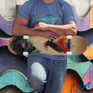 Kühner Adler im Feurigen Himmel Über Bergen, Retro Skateboard