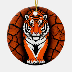 Kühner Tiger auf gesprungenem Erdboden Hintergrund Keramik Ornament