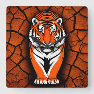 Kühner Tiger auf gesprungenem Erdboden Hintergrund Quadratische Wanduhr