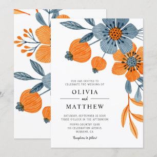 Kühnes Boho-Blumen-Hochzeit in Orange und Blau Einladung