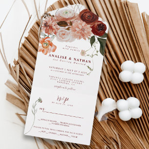 Kühnes Burgunderrot Boho-Blumen Hochzeit All In One Einladung