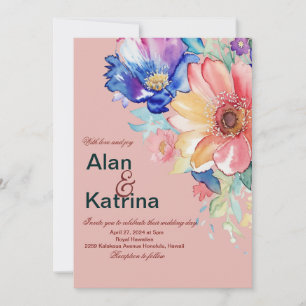 Kühnes Florales Errötendes Korallenrosa Hochzeit Einladung