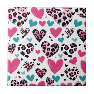 Kühnes Leopard-Herz-Liebe – Pink, Schwarz & Türkis Fliese