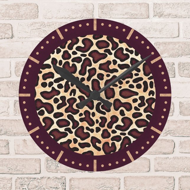 Kühnes Leopardenmuster Braun Schwarz Beige Flecken Runde Wanduhr (Von Creator hochgeladen)
