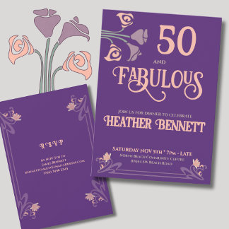Kühnes lila Art Nouveau 50 und fantastischer Gebur Einladung
