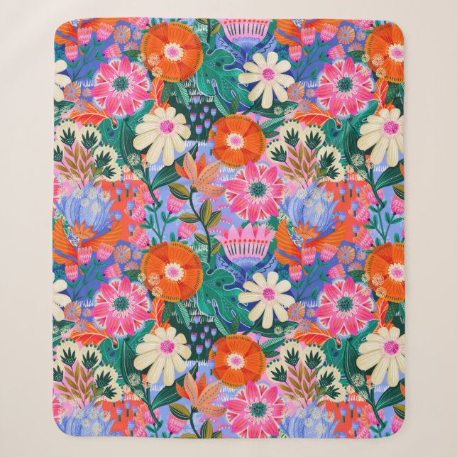 Kühnes Retro-Blumenmuster Sherpadecke (Vorderseite)