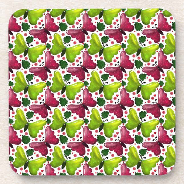 Kühnes Schmetterlings-Blumenmuster mit Herzen Getränkeuntersetzer (Vorderseite)