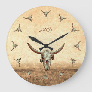 Kuhschädel Braun Western Country Rustikal Stil Große Wanduhr