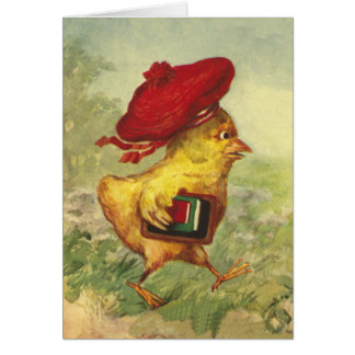 Küken in einem roten Barett geht zurück zur Schule