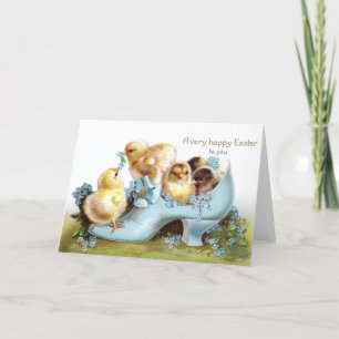 Küken in einer Schuh-Vintagen Ostern-Karte Feiertagskarte