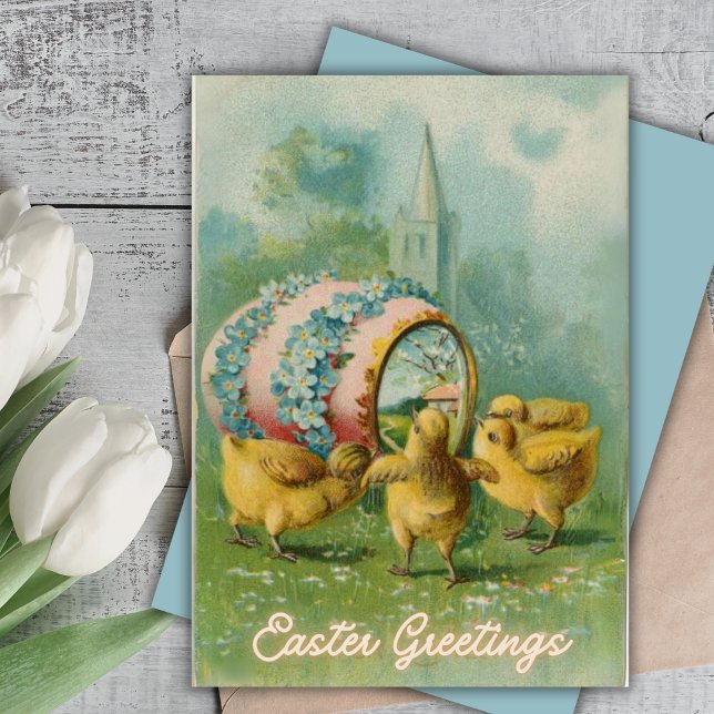 Küken mit Ostereier Vintag Christlich Feiertagskarte (Chicks With Easter Egg Vintage Christian Custom Holiday Card)