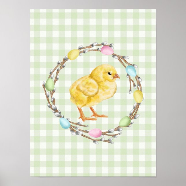 Küken und bunter Weidenkranz Grüne Ostern Poster (Vorne)