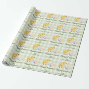 Küken und Pastell-Eier Frohe Ostern Grün kariert Geschenkpapier