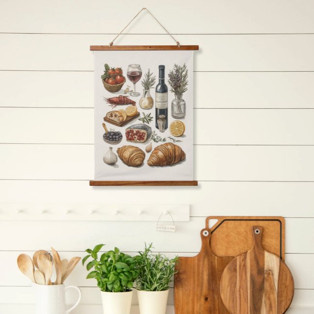 Kulturelle Sehenswürdigkeiten Locarno Wandteppich Mit Holzrahmen (Hanging Kitchen Wood Top Scroll Art Cullinary Delights Watercolor Food Illustrations Farm to Table)