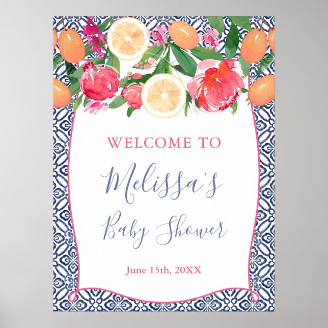 Kumquat Citrus Peonies, Spanische Fliesen Willkomm Poster (Vorne)