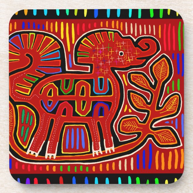 Kuna Indian Baby Elephant - Mola Folk Art Getränkeuntersetzer (Vorderseite)