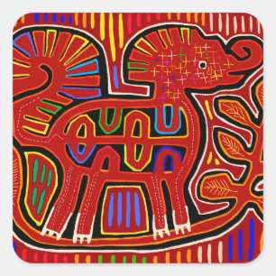 Kuna Indian Baby Elephant - Mola Folk Art Quadratischer Aufkleber