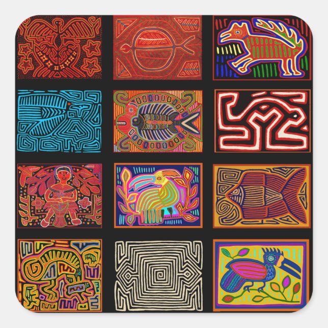 Kuna Indian Mola Collage Quadratischer Aufkleber (Vorderseite)