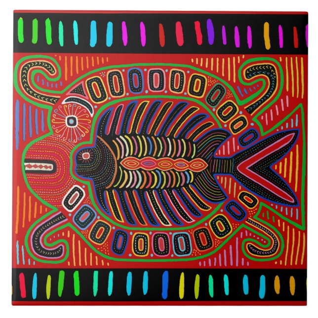 Kuna Indian Pescado Mola Fliese (Vorderseite)