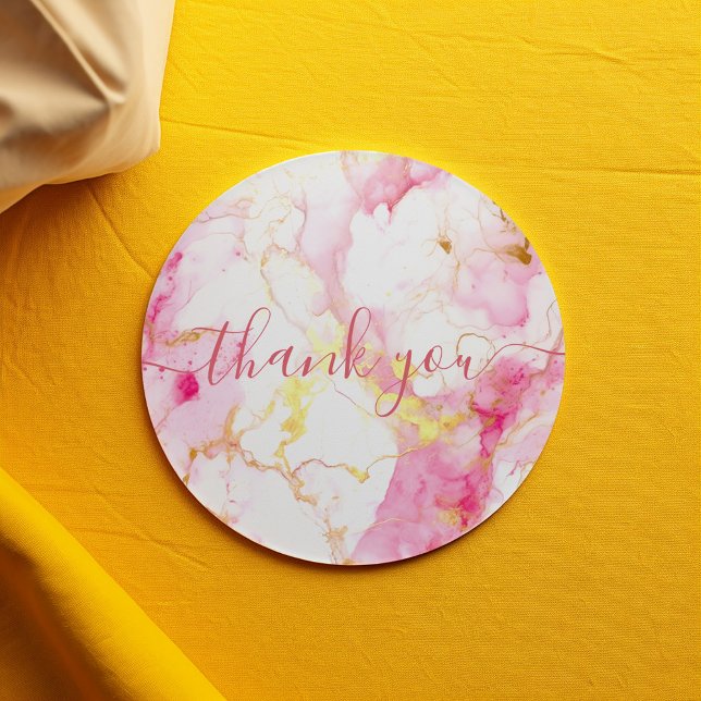 Kunden aus rosa und goldfarbenem Marmor danke Runder Aufkleber (Pink and gold marble thank you script sticker.)