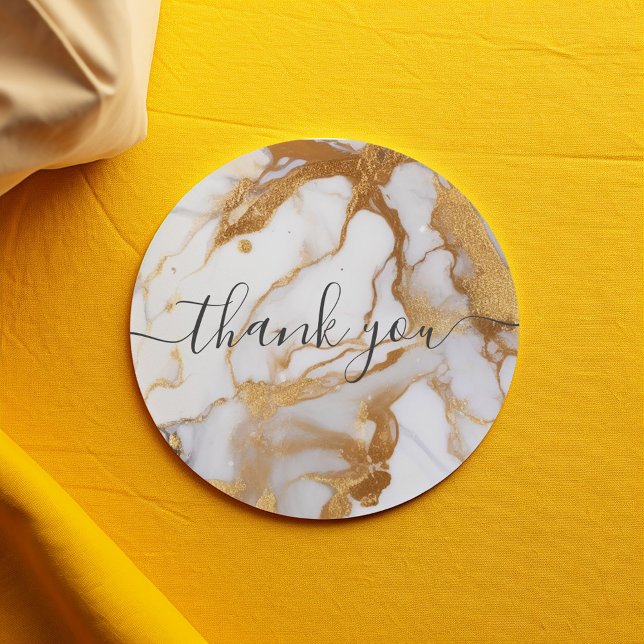 Kunden aus weißem und goldfarbenem Marmor danke Runder Aufkleber (White and gold marble thank you script sticker.)