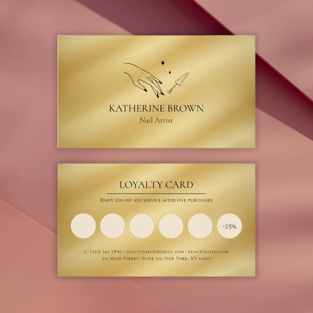 Kundenbelohnung Minimalistisches Logo Gold Nail Ar Treuekarte (Luxury Gold Nail Artist Loyalty Card – Reward Your Clients with Discounts)